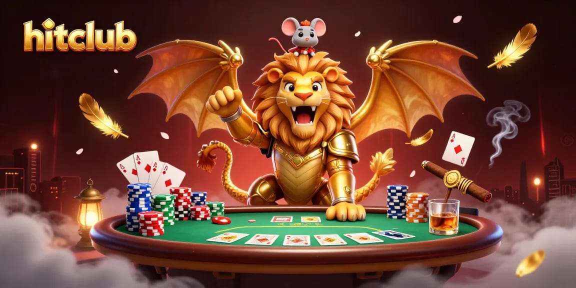 Experience the excitement of hitclub with a golden chimera and thrilling poker elements in this 3D casino scene.