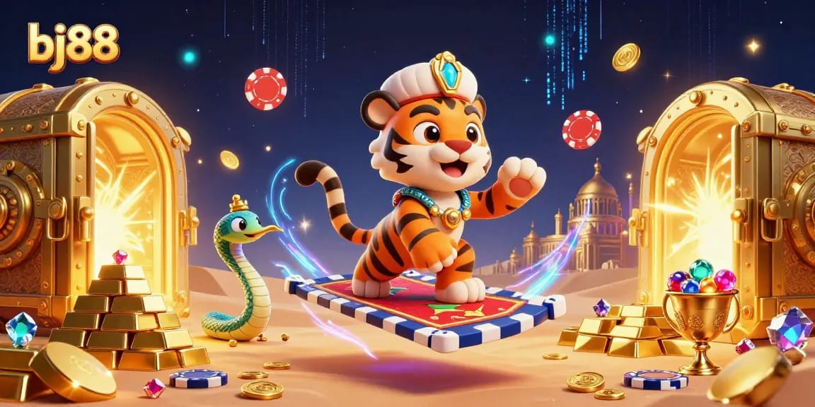 Bet on bj88 with a thrilling 3D scene showcasing an Arabian Nights-themed tiger sultan and gold treasures.
