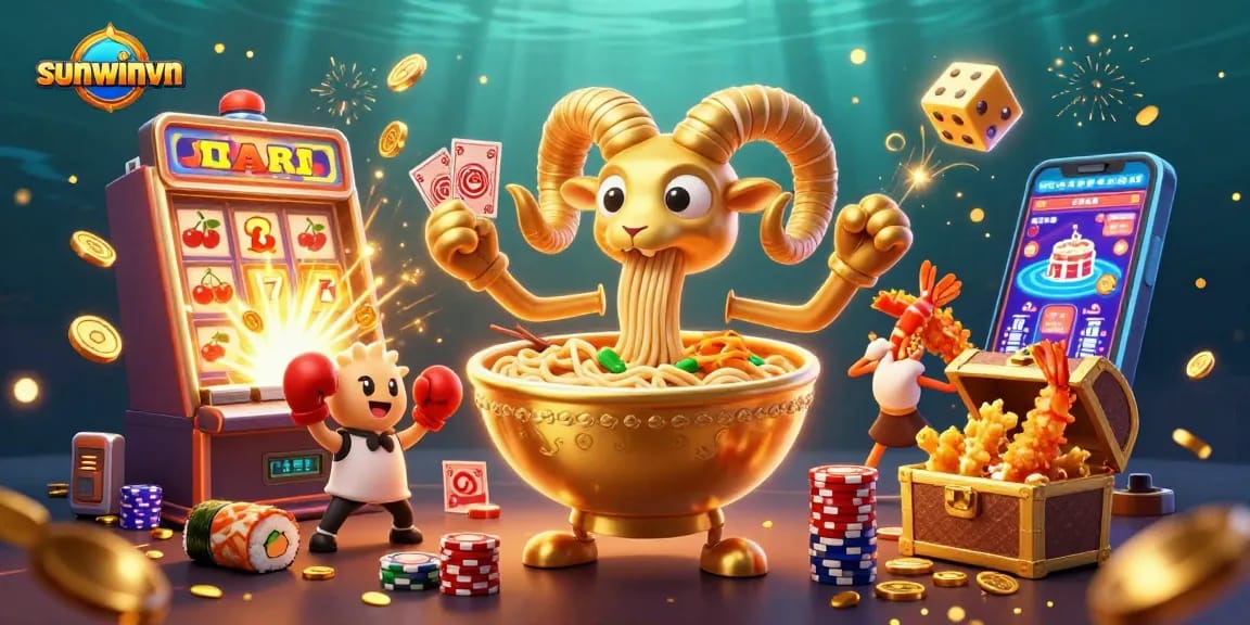 Experience the thrill of sunwinvn with a vibrant casino-themed 3D illustration showcasing unique characters and game elements.