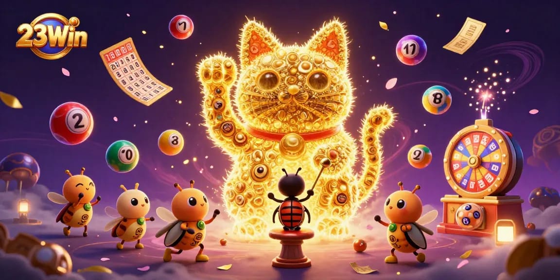 Engage with 23Win's vibrant gaming universe featuring unique elements like a lucky cat and dynamic lottery balls.