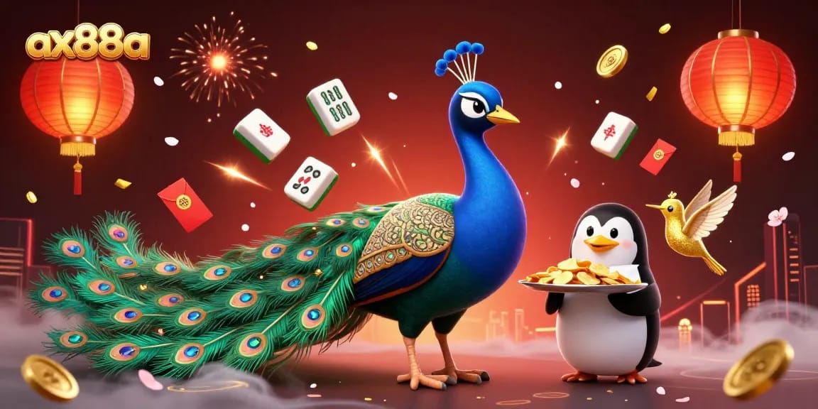 Experience luxury gaming at ax88a with a peacock, penguin butler, and hummingbird surrounded by vibrant casino elements.