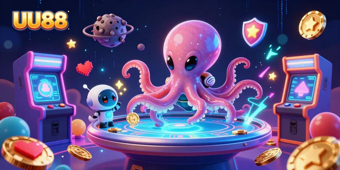 Engage in exciting gameplay at UU88 with an alien octopus and vibrant casino elements.