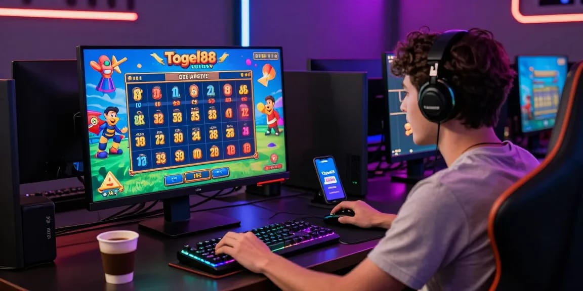 Exciting gameplay experience on Togel88 Online with vibrant colors and passionate gamer at a modern desk.