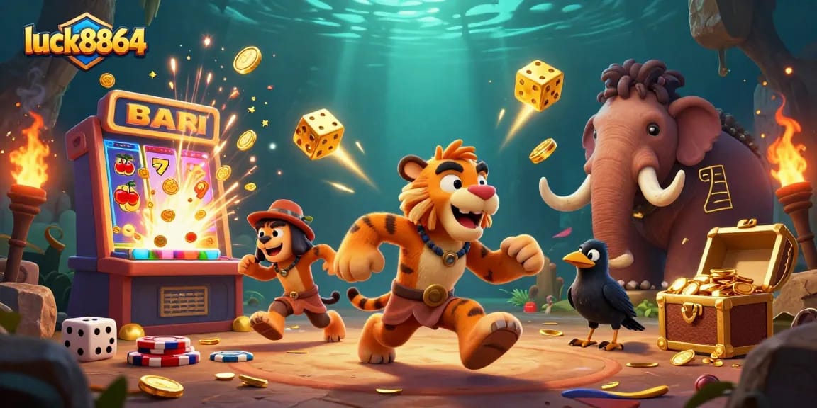 Engage with luck8864 at a vibrant prehistoric casino filled with dynamic slot machines, treasures, and animated characters.