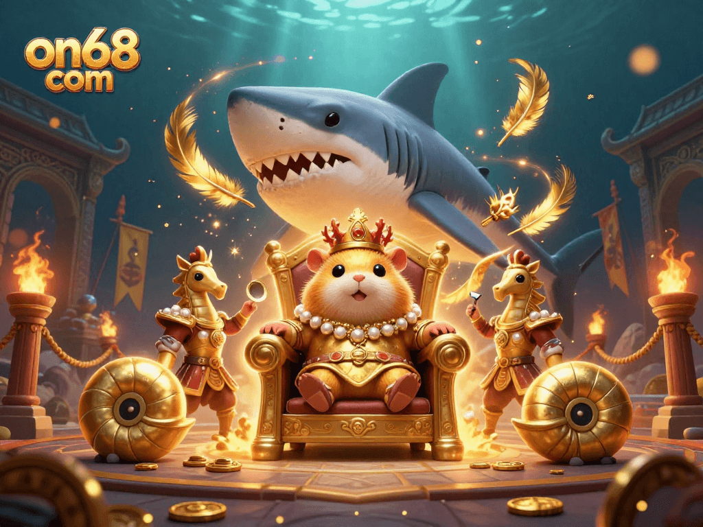 Experience thrilling gameplay at on68 com with a tiny golden hamster king amidst a vibrant casino scene.