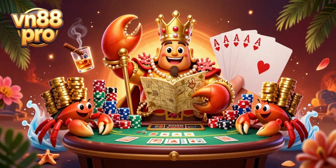 Experience the thrill of gaming at vn88 pro with a majestic golden crab emperor, vibrant casino elements, and rich detailed artistry.