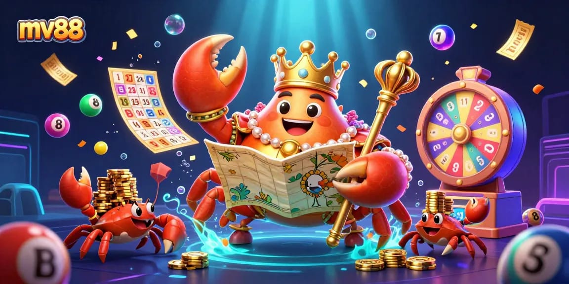 Experience excitement with mv88, featuring a golden crab emperor among colorful lottery elements.
