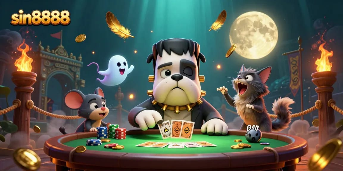 Watch the Frankenstein bulldog monster deal at sin8888's spooky casino table surrounded by thrilling game elements.