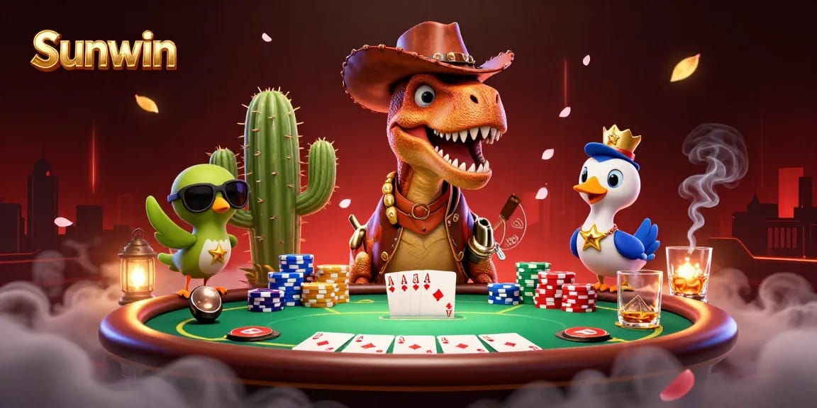 Sunwin showcases a dynamic casino scene with a T-Rex and friends playing poker at a vibrant table.