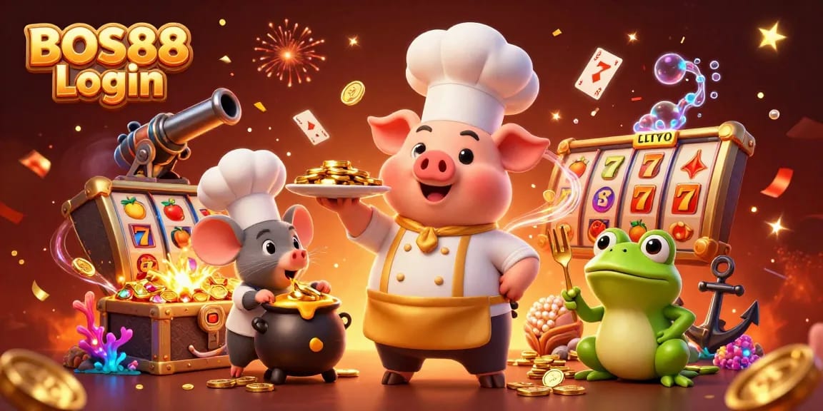 Bermain slot seru di BOS88 Login dengan chef kartun dan suasana gemerlap.