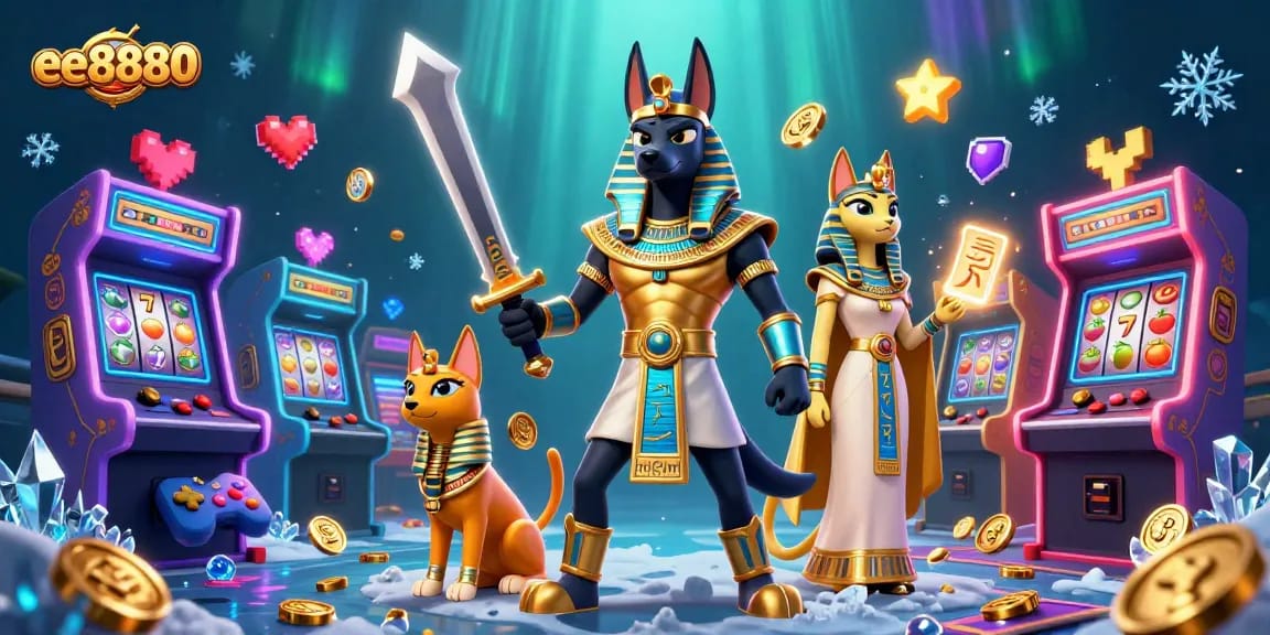 Experience thrilling gameplay at ee8880 with Anubis and Bastet amidst a vibrant casino scene.
