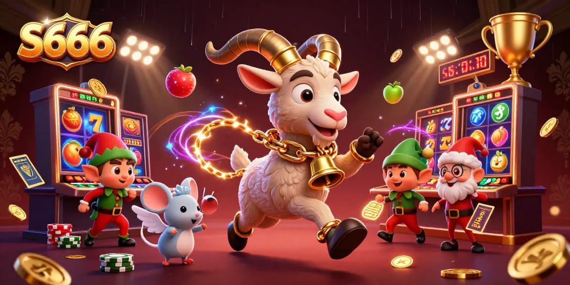 S666 depicts a festive casino scene with characters and dynamic gaming elements like slots and jackpots.