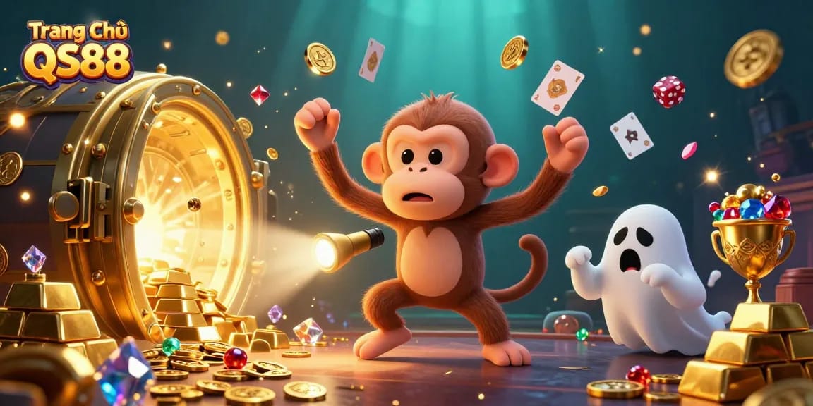 Experience thrilling gaming action at Trang Chủ QS88 with a juggling monkey over a haunted casino.