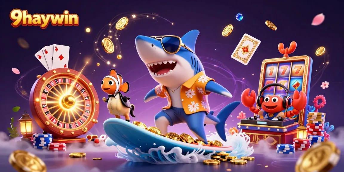 Experience exciting gameplay at 9haywin with vibrant casino characters amidst cascading coins.
