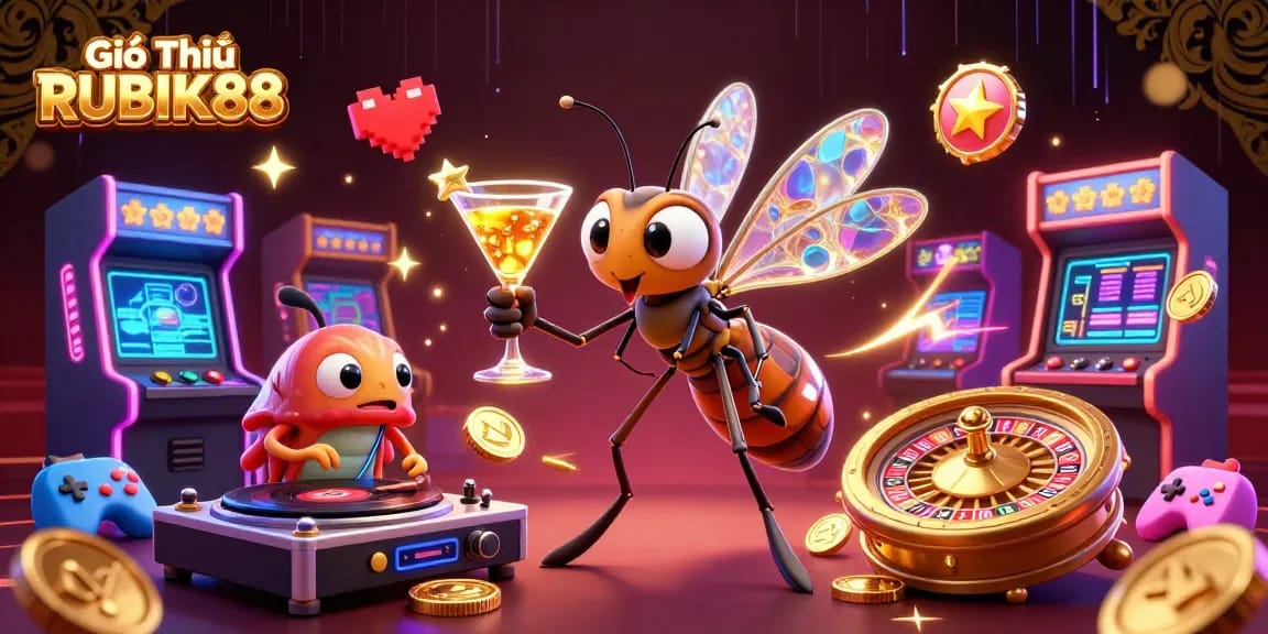 Join the thrilling Giới Thiệu RUBIK88 adventure with engaging characters and vibrant casino-themed elements.