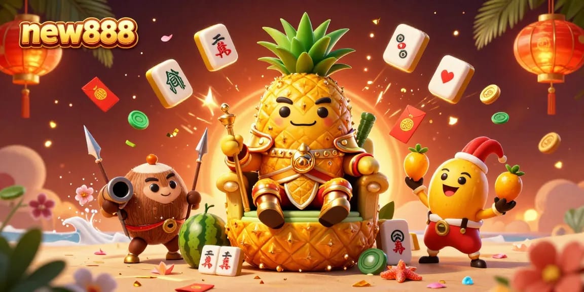 Experience the vibrant world of new888 with a golden pineapple king and dynamic casino elements.