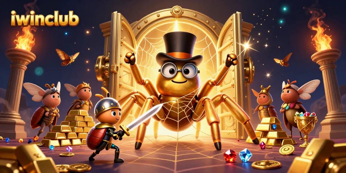 Experience excitement at iwinclub with a golden tarantula and a beetle knight in a vibrant casino scene.