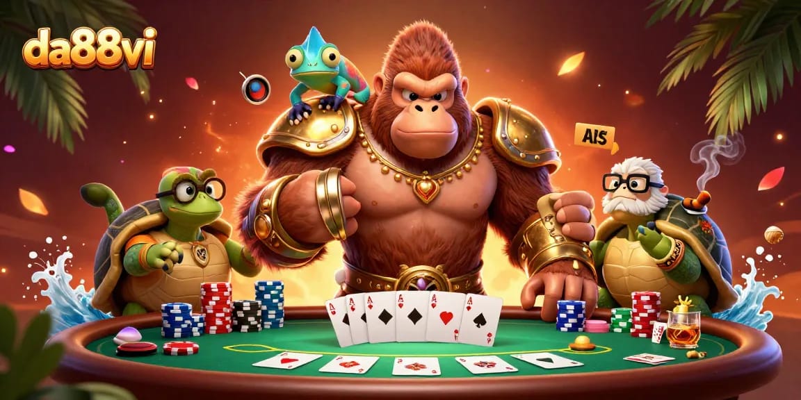Engage in thrilling poker action with da88vi's vibrant casino scene showcasing dynamic characters and exciting gameplay.