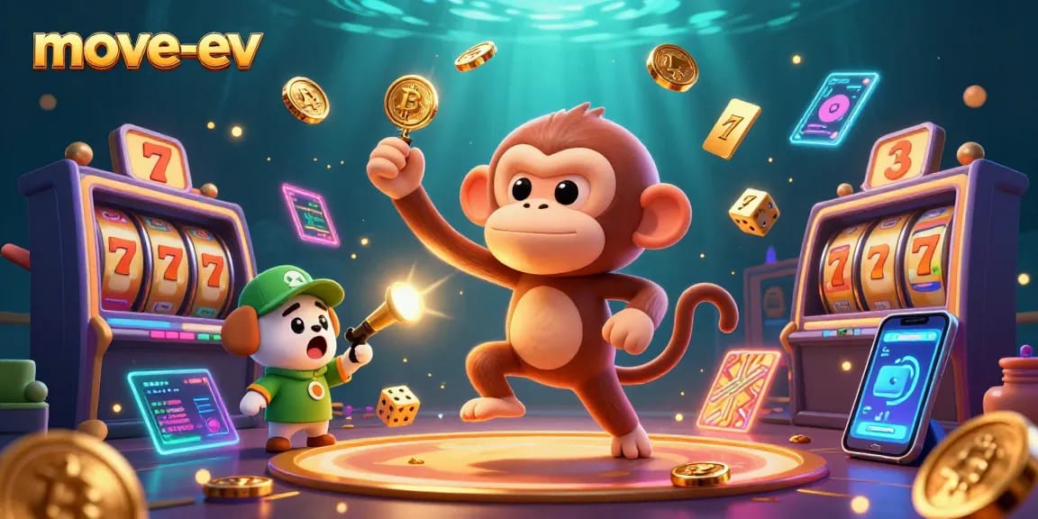 Experience thrilling gaming with move-ev while interacting with magical casino symbols in this illustrated scene.