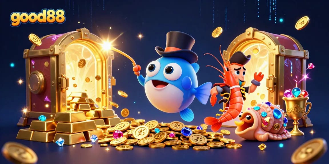 Engage in thrilling gameplay adventures at good88 with glowing treasures and vibrant casino elements.