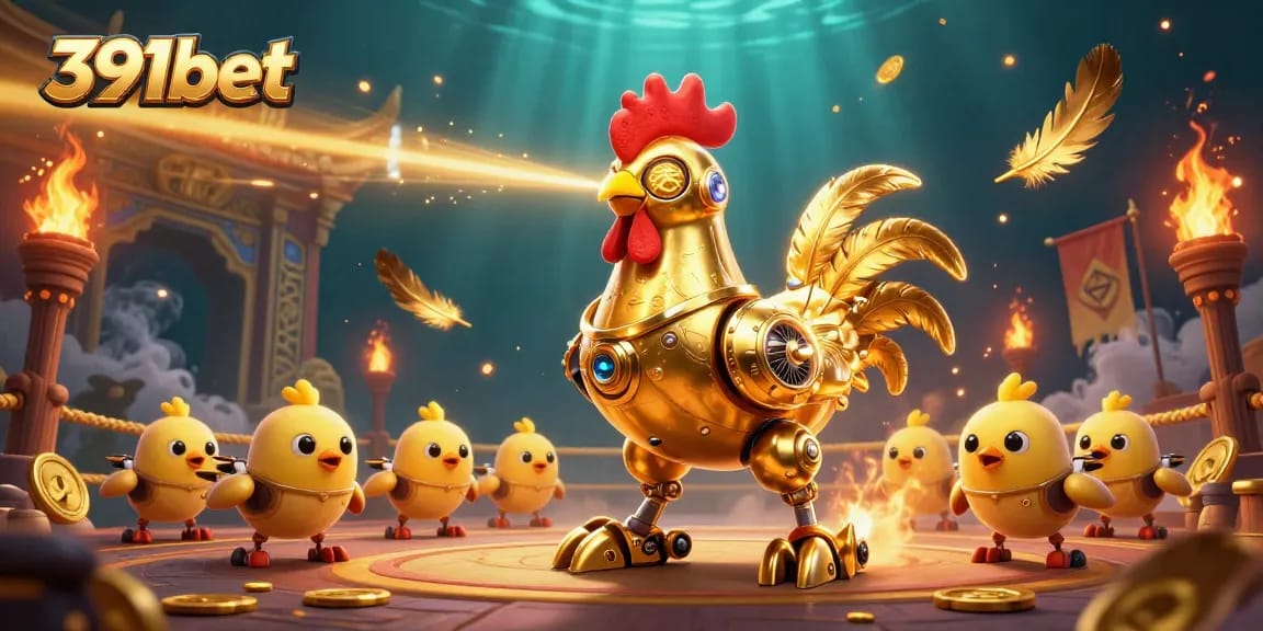 Experience thrilling games at 391bet with a vibrant casino scene featuring golden elements and dynamic characters.