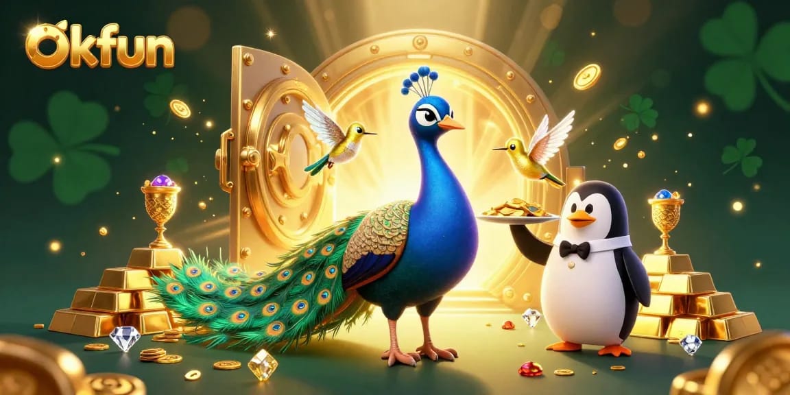 Experience the thrilling action of okfun with a vibrant 3D casino illustration featuring a peacock and treasures.
