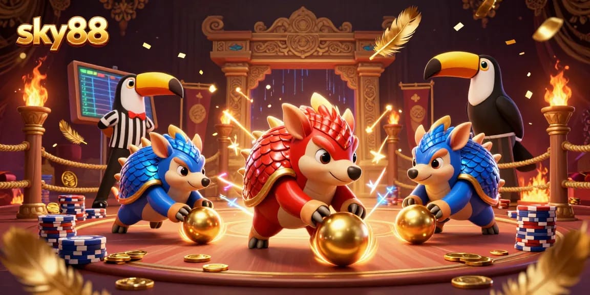 Join the thrilling sky88 poker adventure with armored pangolins bowling through chips!