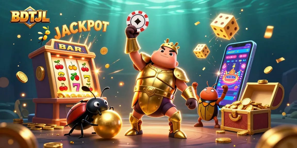 BDTJL brings luck with cartoon beetles celebrating a jackpot amidst vibrant casino elements.