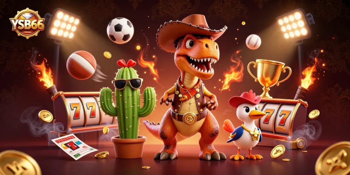 YSB66 features an engaging scene with a T-Rex and friends surrounded by slot elements and vibrant gaming symbols.