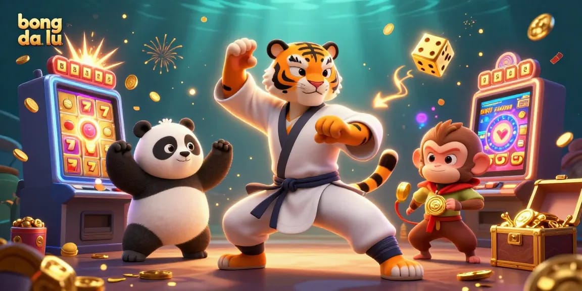 Engaging scene showcasing bong da lu with a kung fu tiger master, panda disciple, and monkey student in a vibrant casino atmosphere.