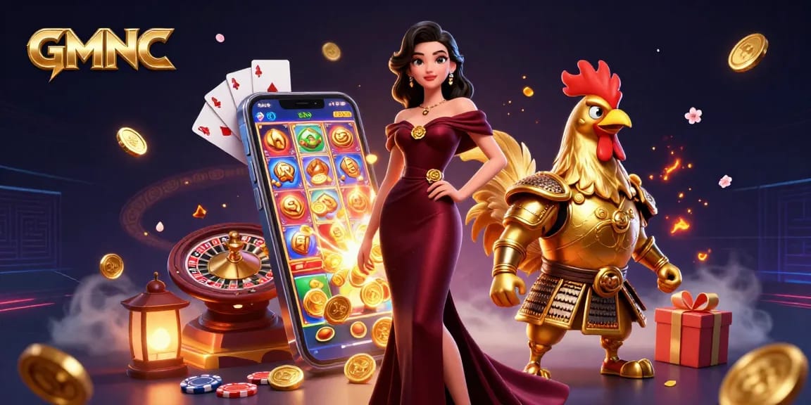 Experience the thrilling casino atmosphere with GMNC featuring a glamorous woman and golden rooster warrior.