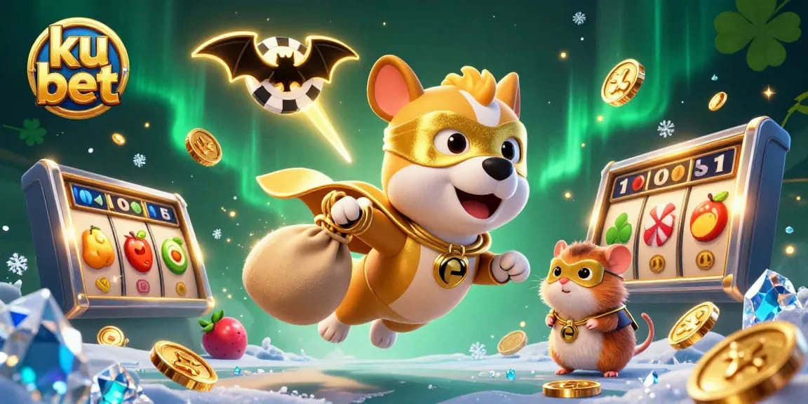 Engage with ku bet by winning big as a superhero dog flies through a vivid casino scene.