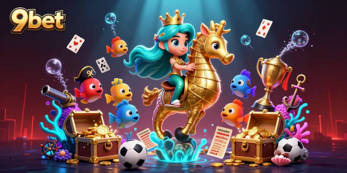 Bet smarter with 9bet as the mermaid princess rides into a vibrant underwater sports betting adventure.