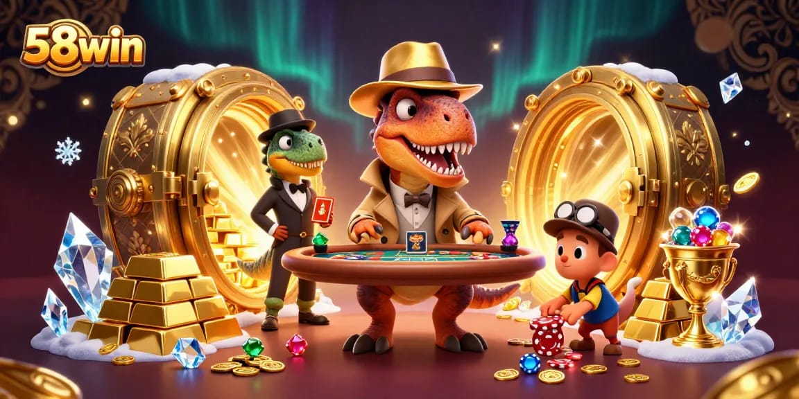 Play at 58win with a daring velociraptor card counter while treasures and vibrations fill the blackjack table.