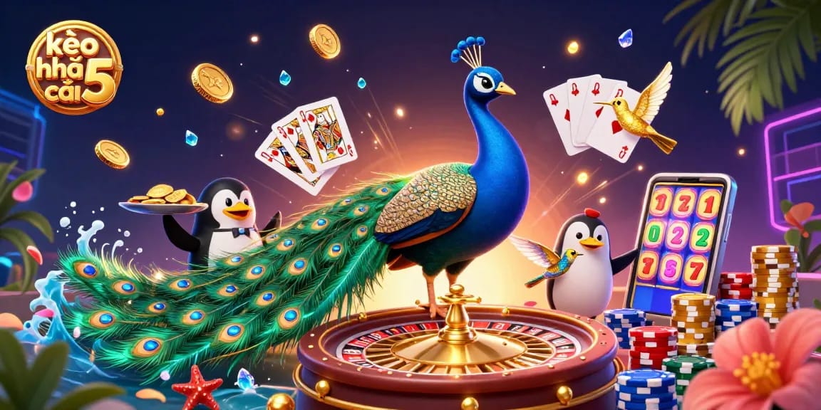 Betting with kèo nhà cái 5 featuring lavish illustration of a peacock, penguin, and hummingbird.