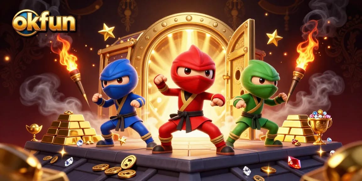 Engage with thrilling jackpots at okfun with cartoon ninjas amidst gold and gems in a vibrant casino scene.