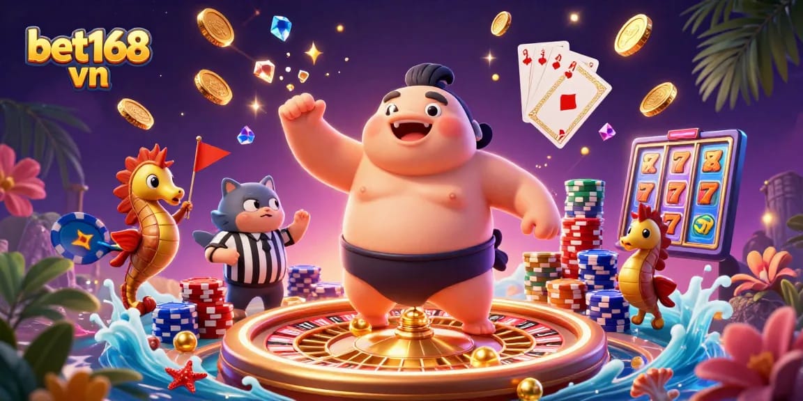 Experience the excitement of bet168 vn with a lively underwater casino scene featuring a sumo fugu and a catfish referee.
