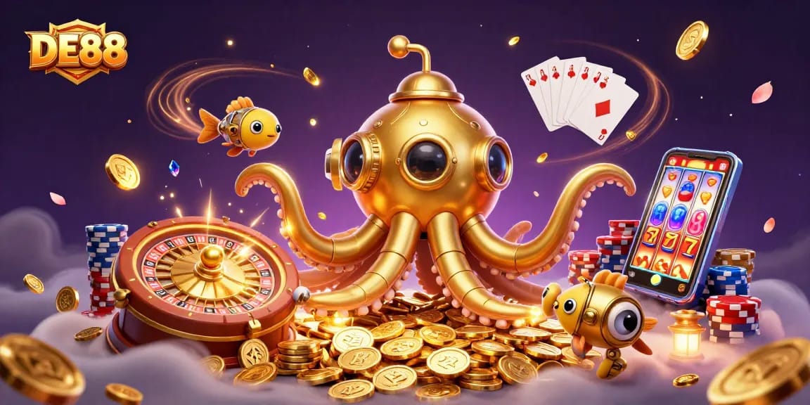 Engage in thrilling gameplay at DE88, featuring vibrant casino elements and dazzling treasures.