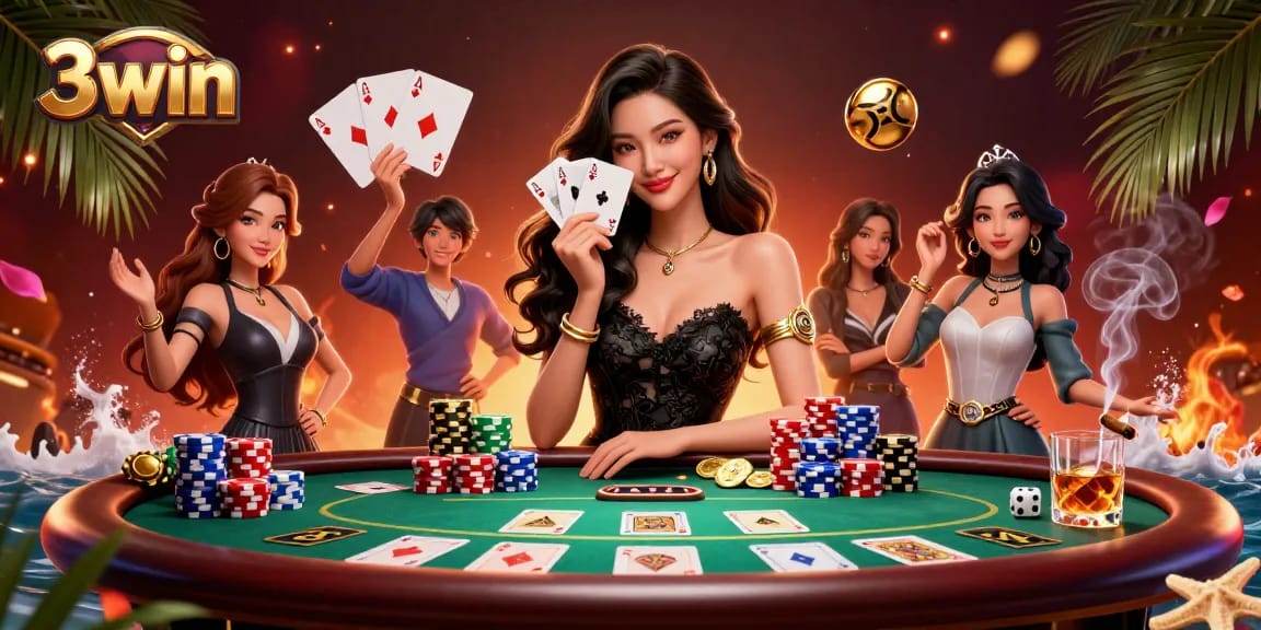 Experience thrilling gameplay at 3win with a stunning casino illustration showcasing poker elements.