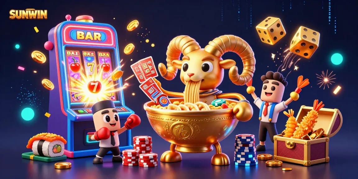 SUNWIN showcases a vibrant 3D casino world with lively characters dealing cards and winning coins.