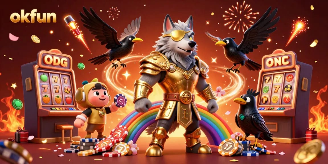 Play at okfun, featuring Odin and ravens on a casino chip bridge amidst festive elements.