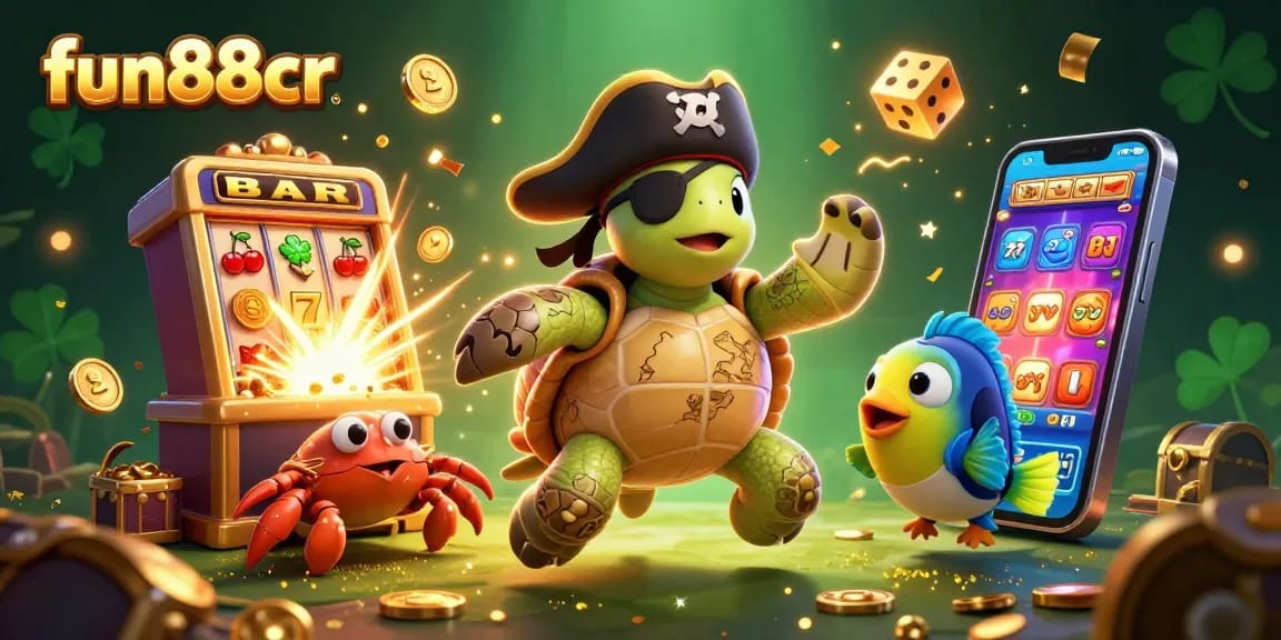 Engage in thrilling action with fun88cr as the animated pirate turtle leads a treasure hunt among slot machines and casino games.