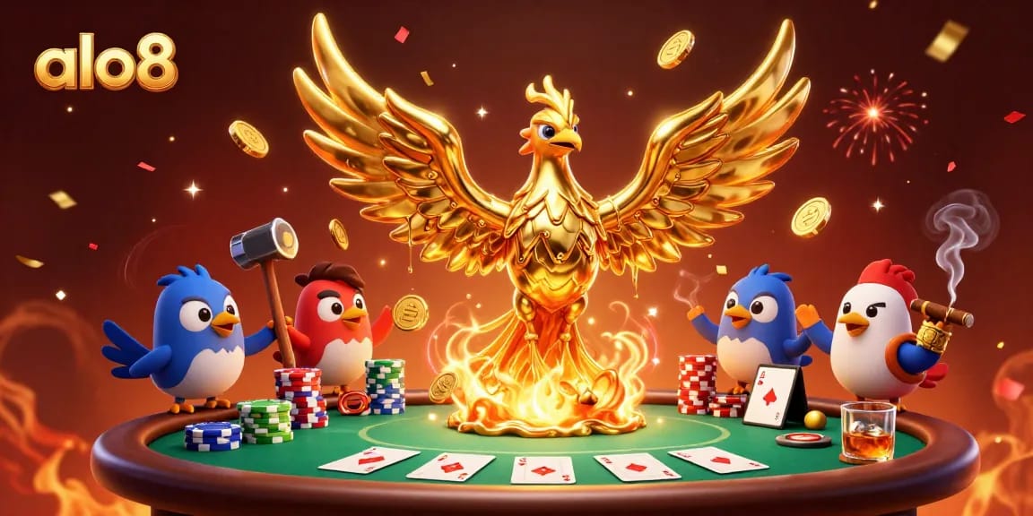 Win big at alo8 with a vibrant 3D illustration showcasing dynamic poker action and golden themes.