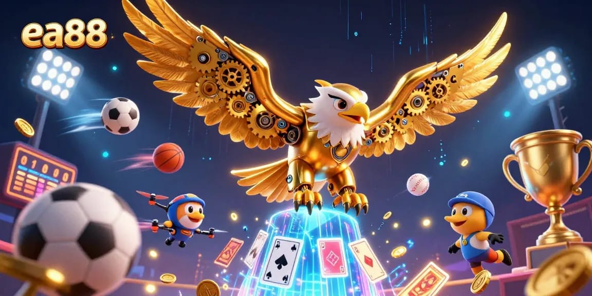 Engage with the dynamic scene of ea88 featuring a golden eagle amidst flying sports elements in a futuristic casino setting.