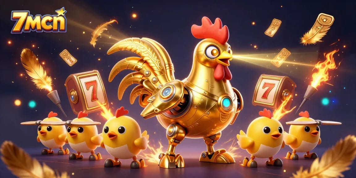 Engaging 7mcn casino scene with golden rooster robot and jackpots in a vibrant gaming atmosphere.