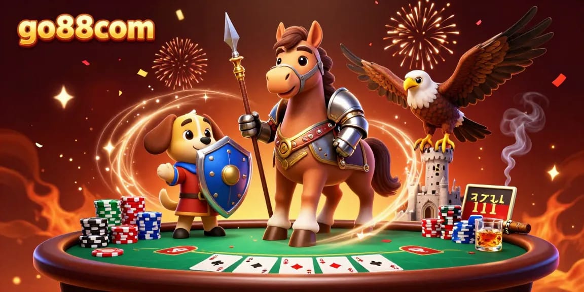 Experience thrilling games at go88com with medieval characters surrounded by poker chips and festive confetti.