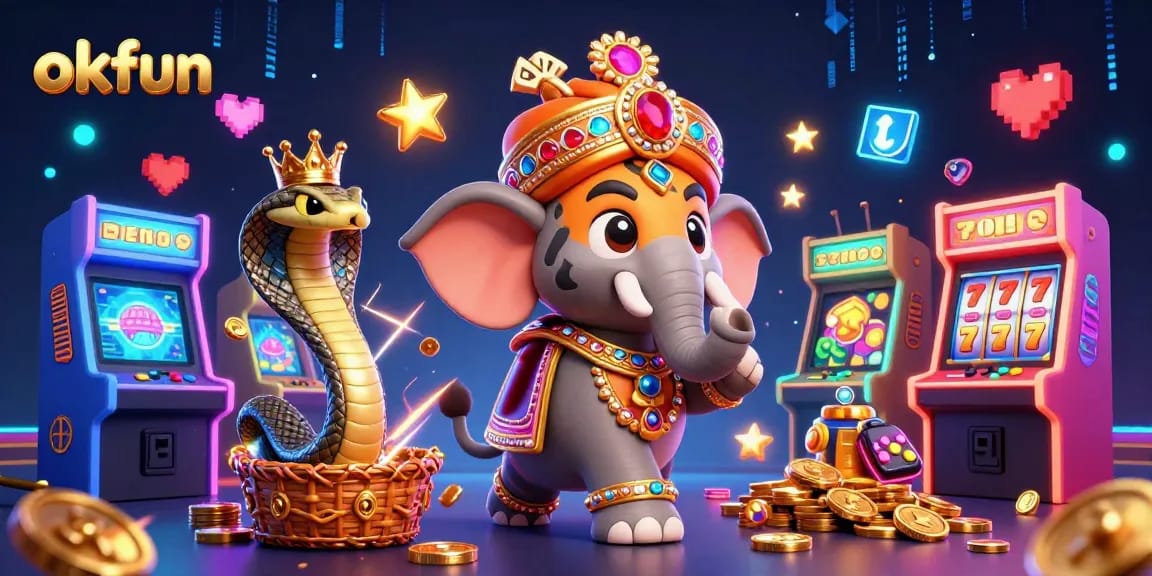 Engage in thrilling gameplay at okfun with a vibrant 3D casino illustration featuring a tiger and elephant.