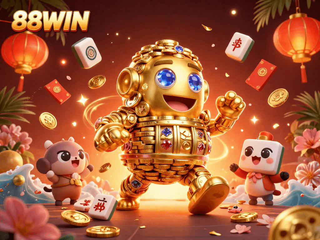 Engage in thrilling gaming with 88WIN's gold golem amidst festive casino elements.