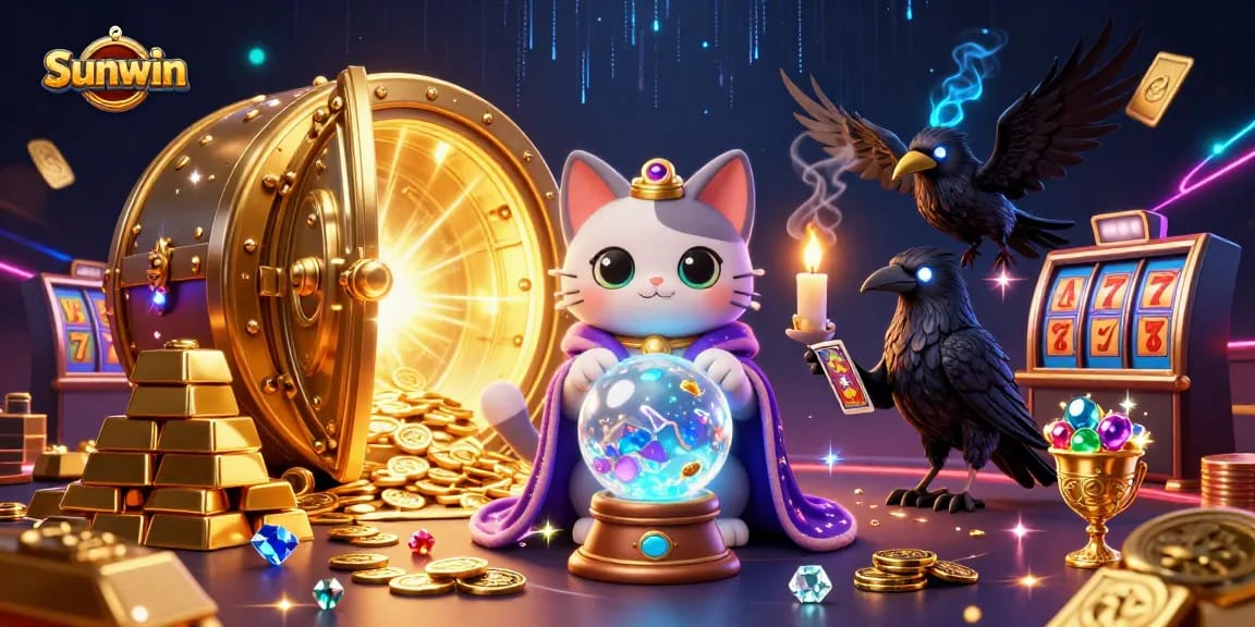 Experience thrilling wins at Sunwin, where a mystical cat, tarot raven, and vibrant casino elements create a magical atmosphere.