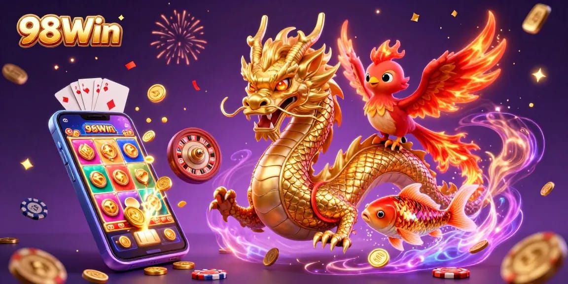 Experience thrilling entertainment at 98Win with a fierce dragon, phoenix, and koi celebrating with coins.